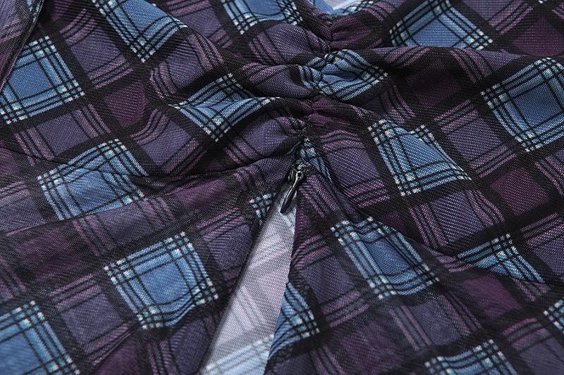 V neck plaid print bowknot crop top