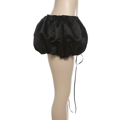 Lace up solid ruched ribbon mini skirt