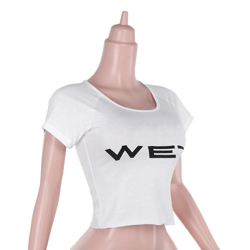 Short sleeve “WET” ruffle u neck top