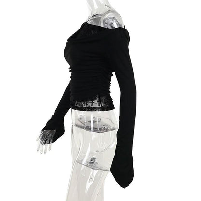 Off shoulder long flared sleeve mesh patchwork top