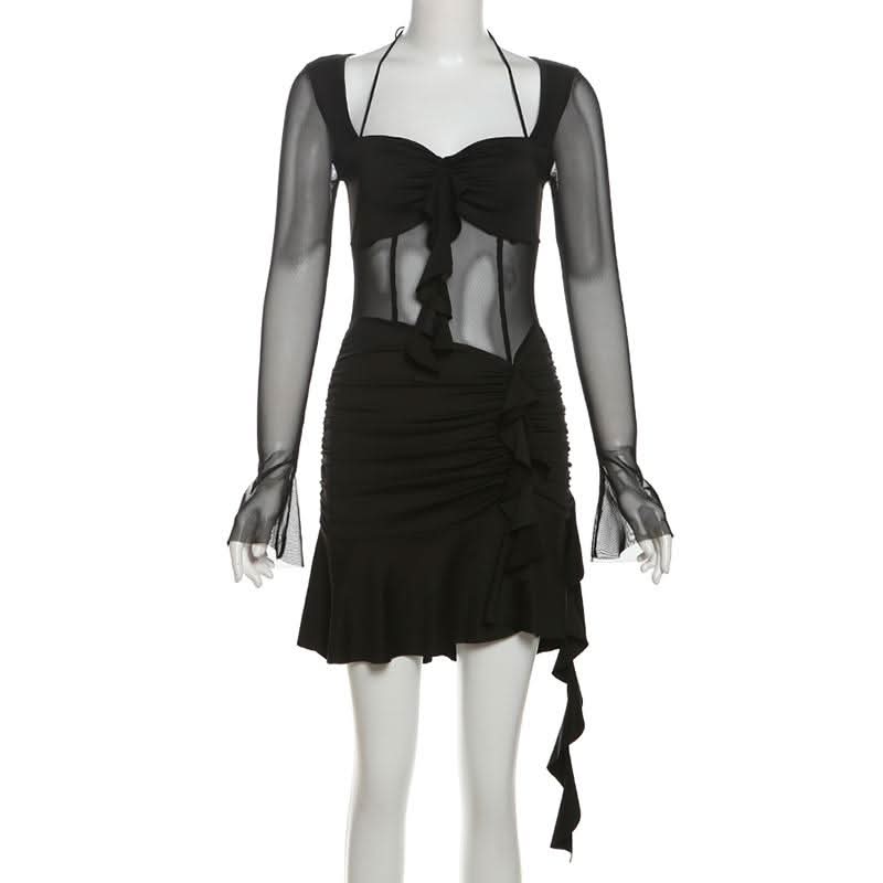 Long sleeve halter mesh ruched ruffle mini dress