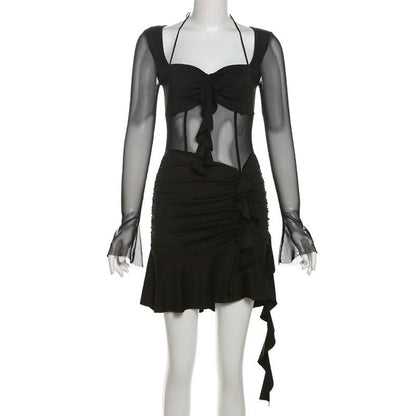 Long sleeve halter mesh ruched ruffle mini dress