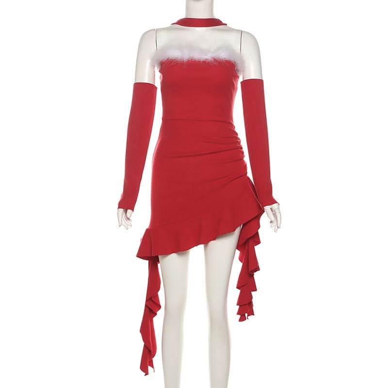 Halter ruffle fluffy gloves mini dress