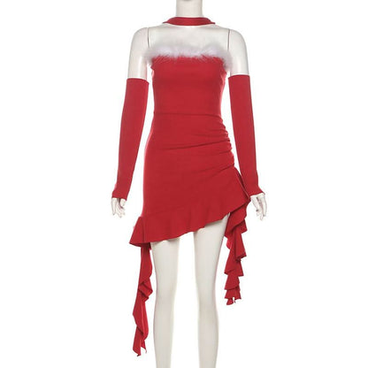 Halter ruffle fluffy gloves mini dress