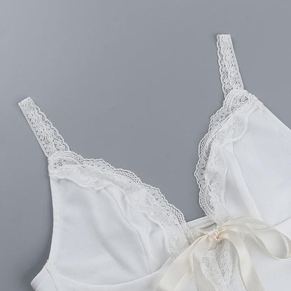 V neck lace hem backless bowknot ribbon crop cami top