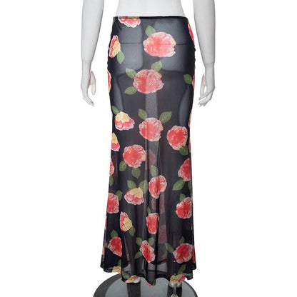 Sheer mesh flower print contrast maxi skirt