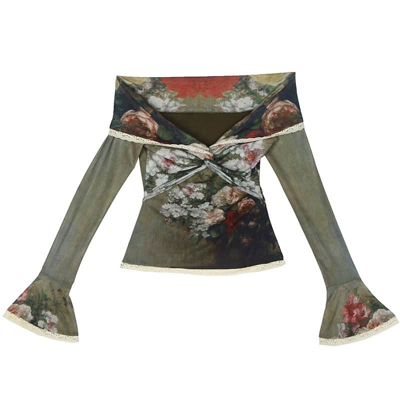 Long flared sleeve off shoulder lace hem flower print top