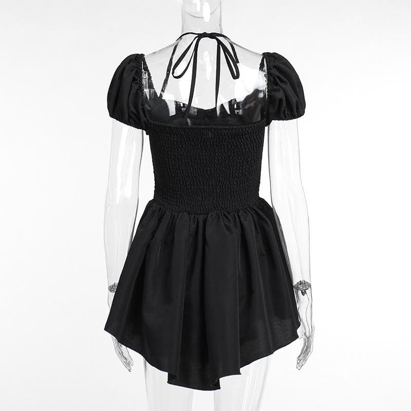 Short puff sleeve sweetheart neck ruched halter smocked mini dress