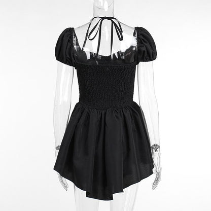 Short puff sleeve sweetheart neck ruched halter smocked mini dress