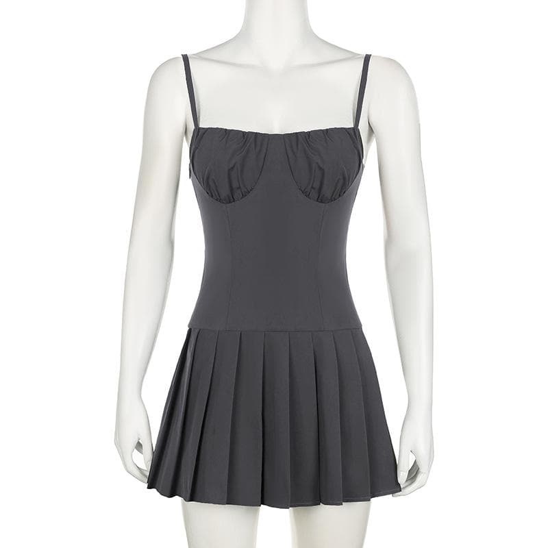 Sweetheart neck ruched pleated zip-up cami mini dress