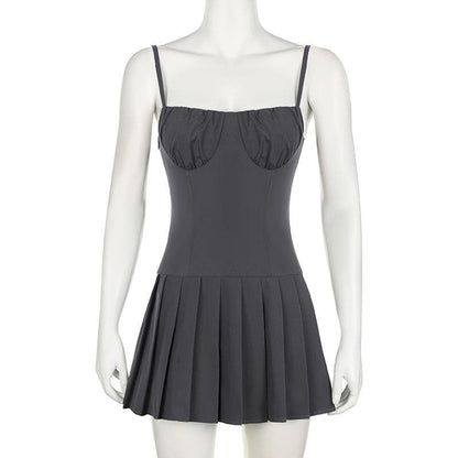 Sweetheart neck ruched pleated zip-up cami mini dress