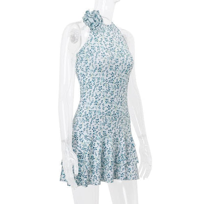 Halter print flower applique mini dress