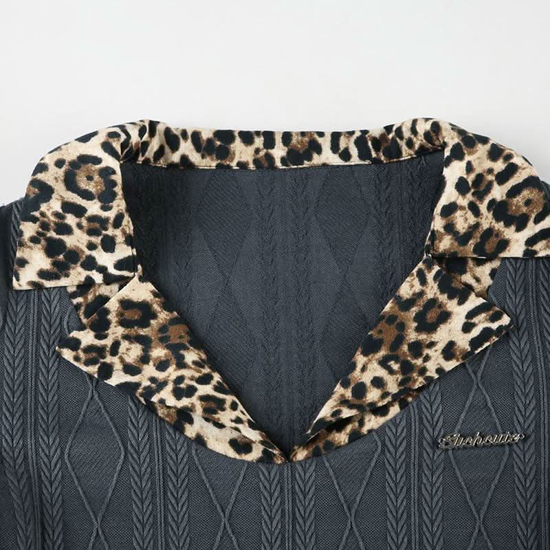 Long sleeve leopard print turnover collar textured top