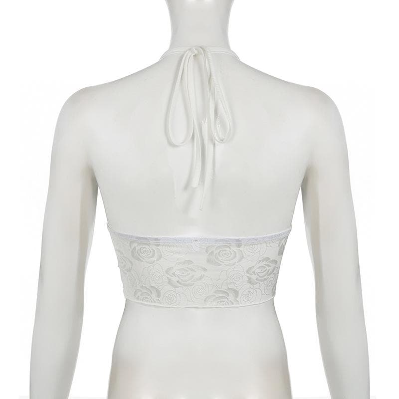 Halter lace ruched solid knotted top