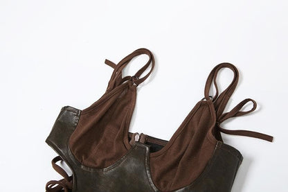 V neck PU leather patchwork high slit maxi dress-final-sale