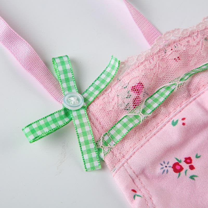 Flower print lace hem bowknot cami top