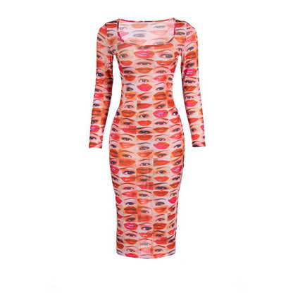 Long sleeve abstract u neck sheer mesh contrast midi dress