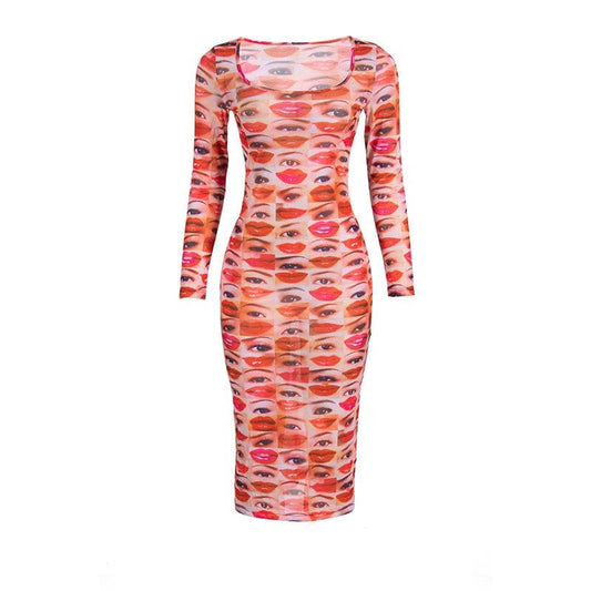 Long sleeve abstract u neck sheer mesh contrast midi dress