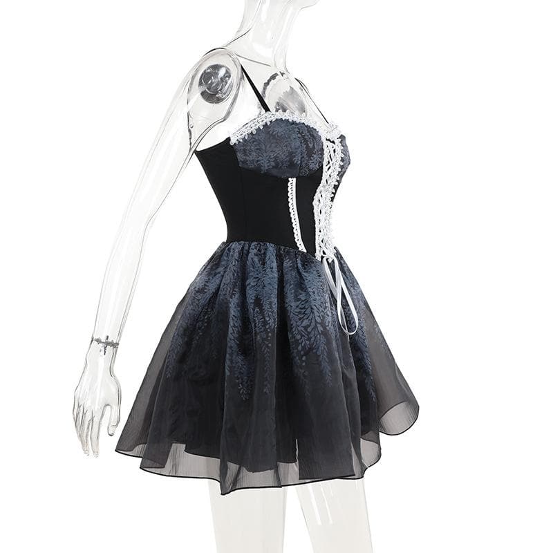 Lace hem sweetheart neck lace up print ruched cami mini dress