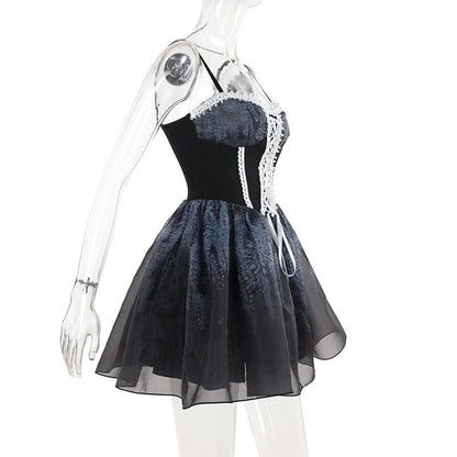 Lace hem sweetheart neck lace up print ruched cami mini dress