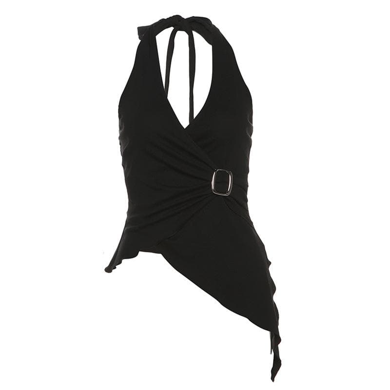 Halter buckle ruffle irregular ruched top