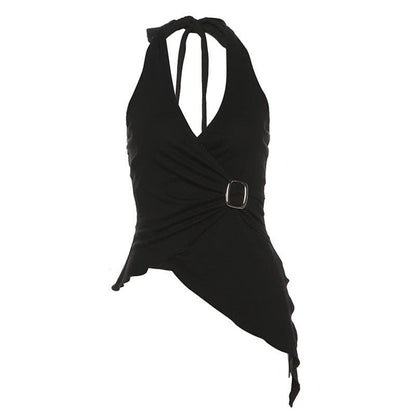 Halter buckle ruffle irregular ruched top