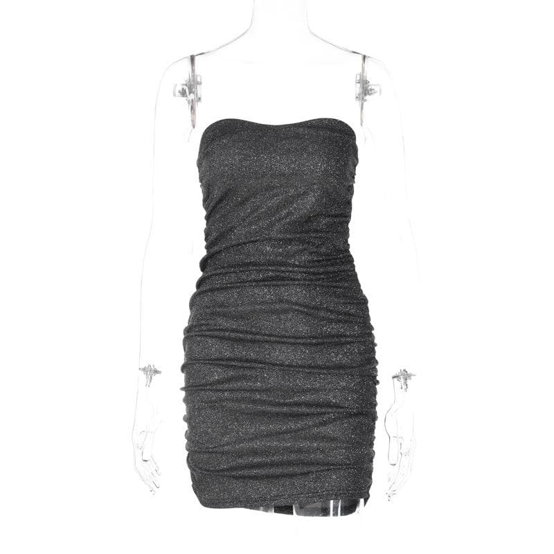 Strapless All-Over Ruched Glitter Knit Bodycon Tube Mini Dress