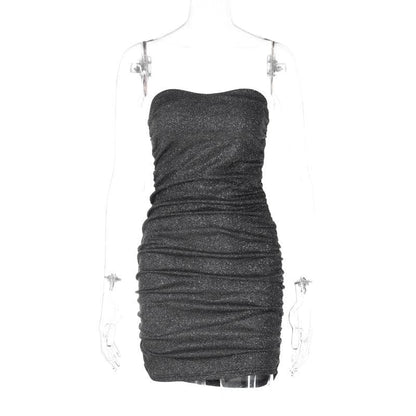 Strapless All-Over Ruched Glitter Knit Bodycon Tube Mini Dress