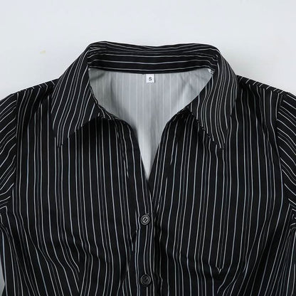 Turnover collar long sleeve striped button top