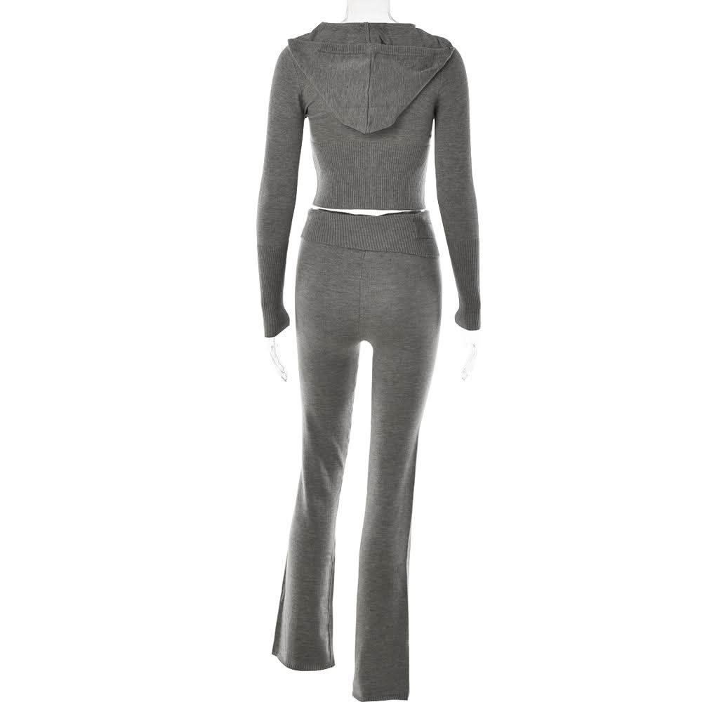 Long sleeve zip-up hoodie drawstring solid pant set