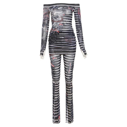 Long sleeve off shoulder sheer mesh print pant set