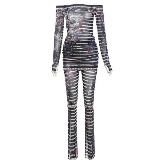 Long sleeve off shoulder sheer mesh print pant set