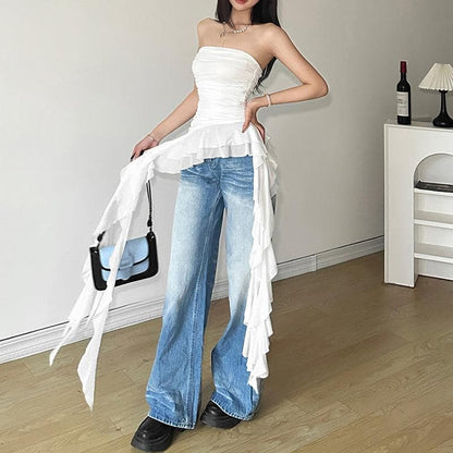 Ruffle mesh ruched irregular solid tube top