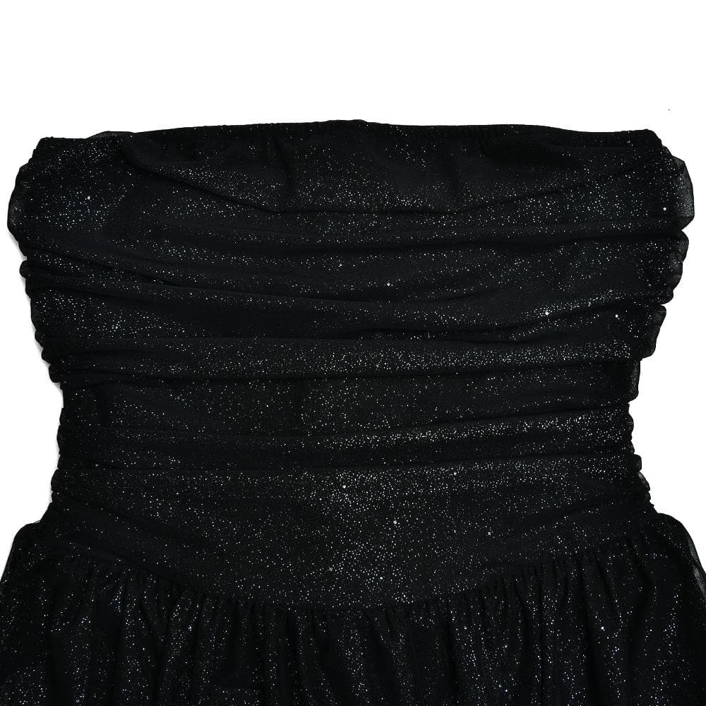 Ruched backless glitter mesh tube mini dress