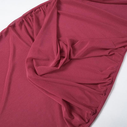 Long sleeve off shoulder sheer mesh ruched slit maxi dress