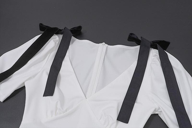 Short puff sleeve bowknot v neck maxi dress