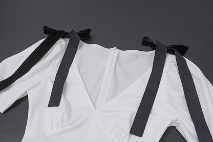 Short puff sleeve bowknot v neck maxi dress