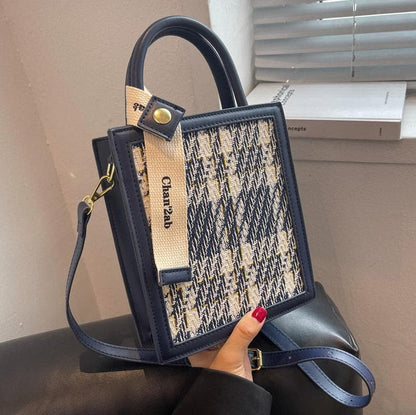 Knitted plaid contrast PU leather crossbody purses bag