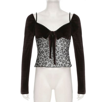 Long sleeve bowknot velvet patchwork leopard print top