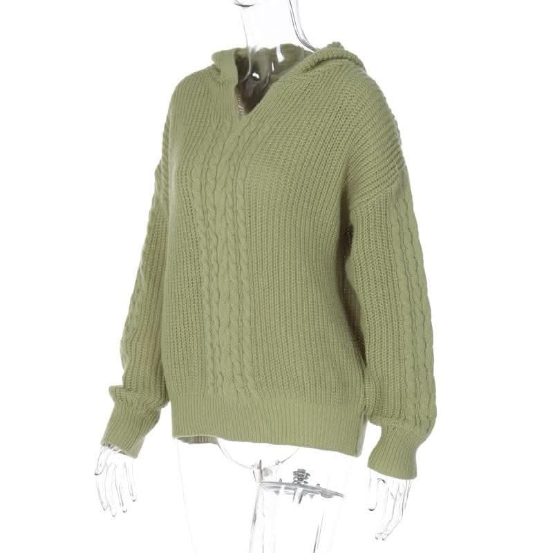 Hoodie long sleeve knitted solid v neck top-final-sale
