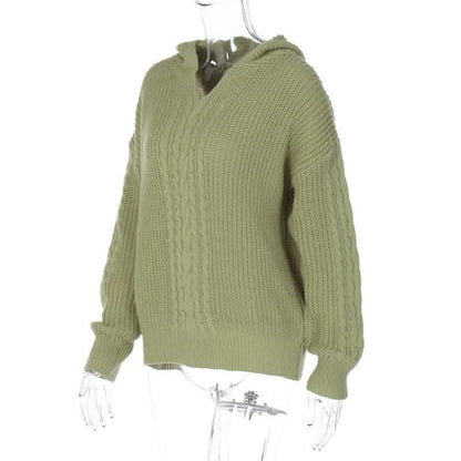 Hoodie long sleeve knitted solid v neck top-final-sale