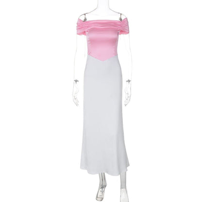 Short sleeve off shoulder ruched satin lace up midi dress
