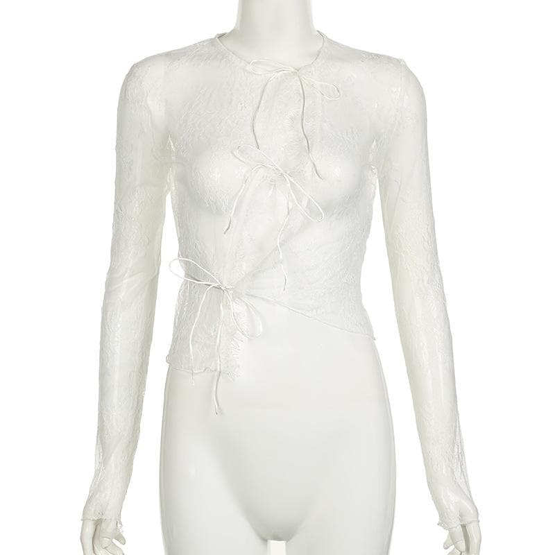 Long sleeve lace see through self tie top