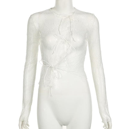 Long sleeve lace see through self tie top
