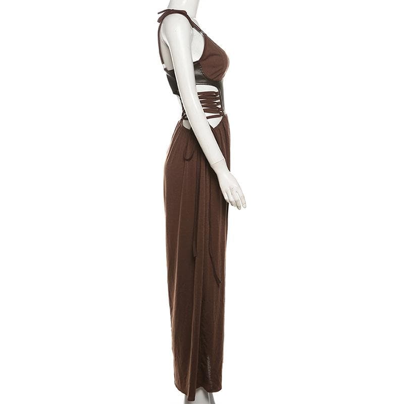 V neck PU leather patchwork high slit maxi dress-final-sale