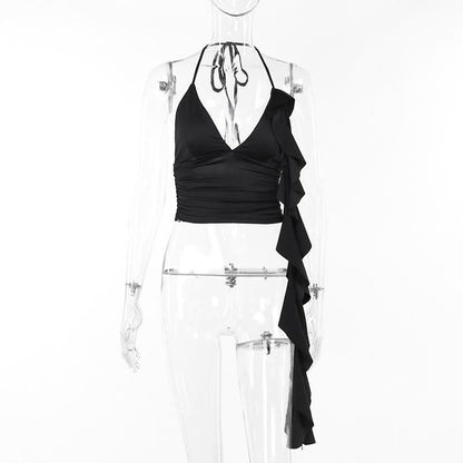 Halter v neck ruffle backless crop top