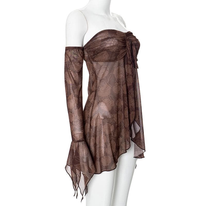 Long flared sleeve sheer mesh print off shoulder top