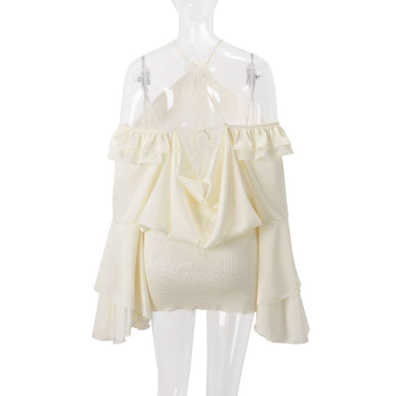 Flared sleeve halter backless ruffle drawstring mini dress