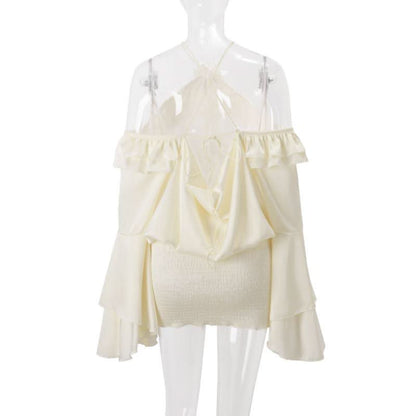 Flared sleeve halter backless ruffle drawstring mini dress