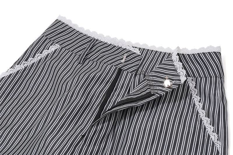 Ruched striped zip-up lace hem medium rise pant